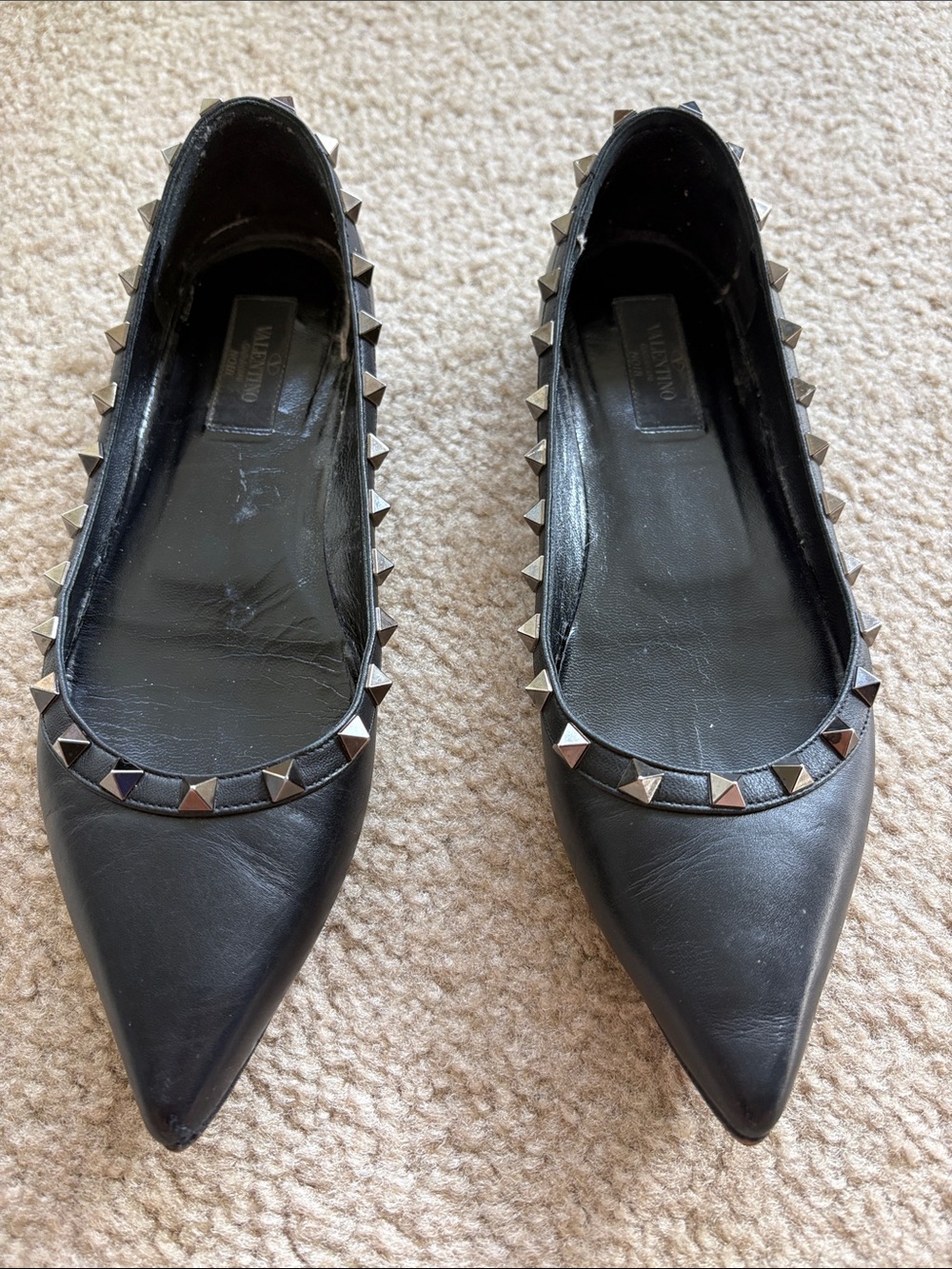 Valentino Black Leather Pointed Rockstud Ballet Flats